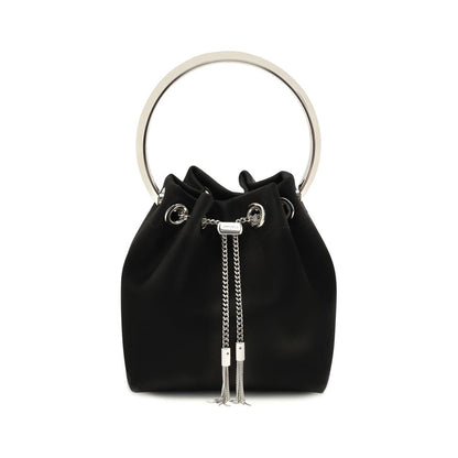Bucket Shoulder Bag by Jimmy Choo for women in polyurethane & silk black features a effortless chic silhouette with a secure drawstring, ample , and versatile handle for a effortless chic finish.
