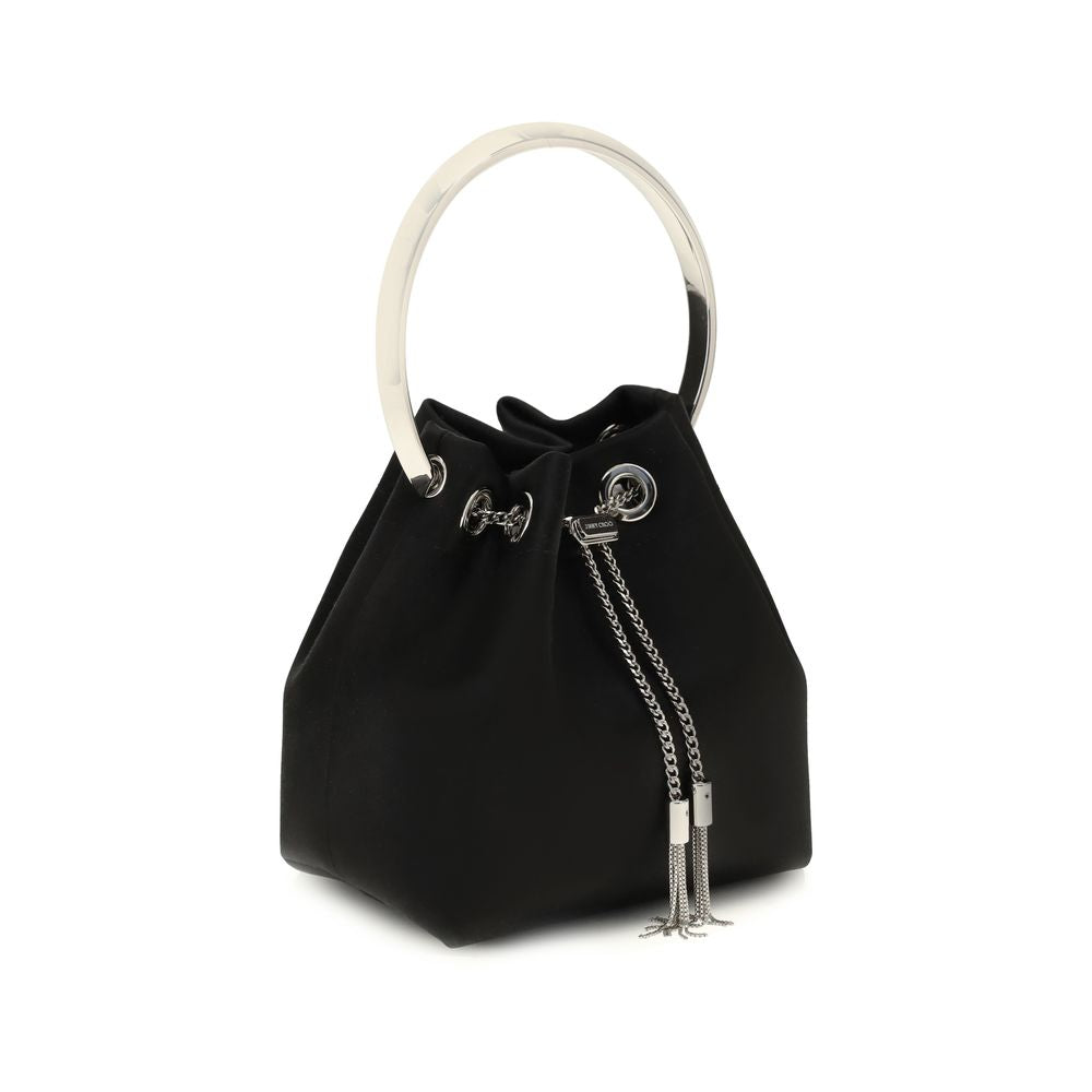 Bucket Shoulder Bag by Jimmy Choo for women in polyurethane & silk black features an effortlessly chic silhouette with a secure drawstring, ample , and versatile handle for effortlessly chic everyday luxury.