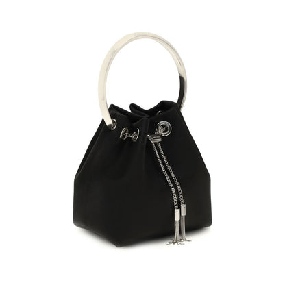 Bucket Shoulder Bag by Jimmy Choo for women in polyurethane & silk black features an effortlessly chic silhouette with a secure drawstring, ample , and versatile handle for effortlessly chic everyday luxury.