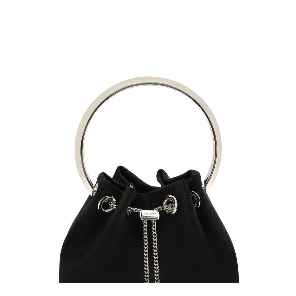 Bucket Shoulder Bag by Jimmy Choo for women in polyurethane & silk black features a enviable silhouette, showcasing a secure drawstring, ample , and enviable handle for a enviable finish.