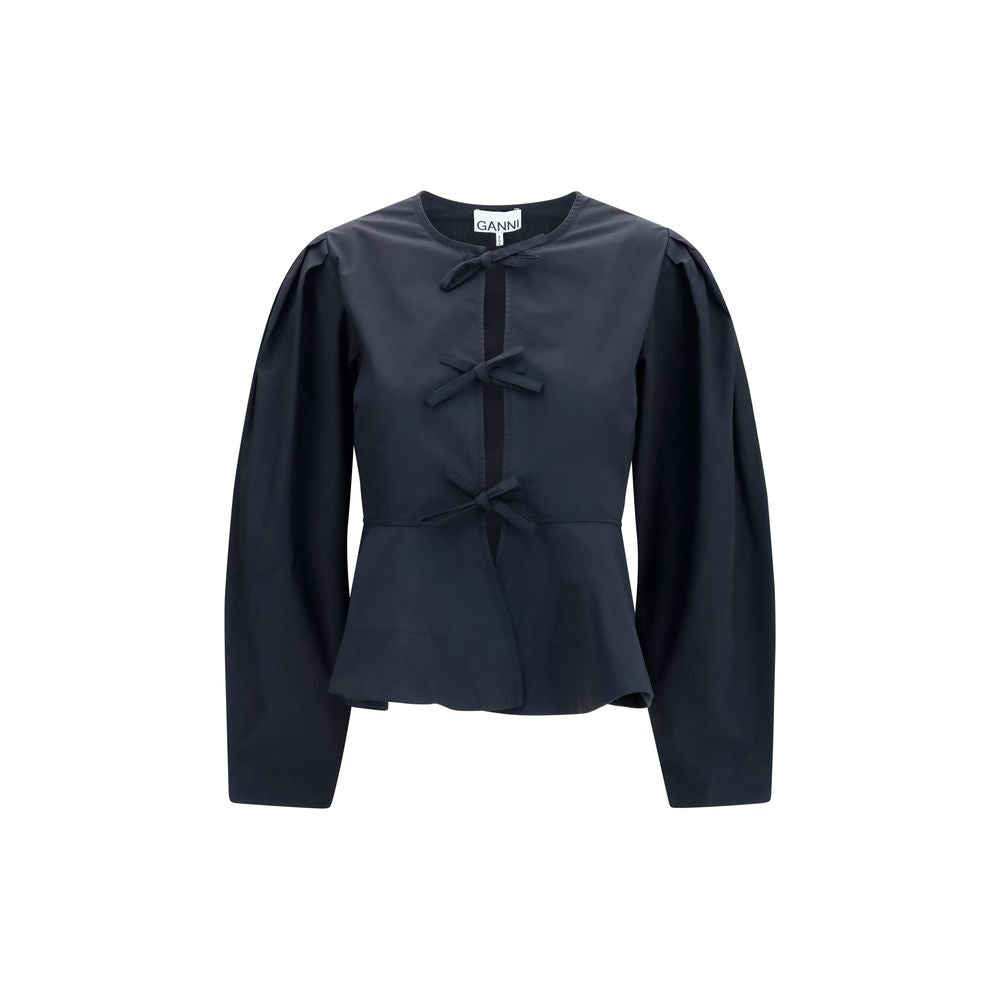 Blouse by Ganni for women in cotton black features an architectural silhouette with a refined and elegant round neckline for a architectural look.