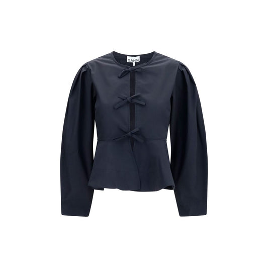 Blouse by Ganni for women in cotton black features an architectural silhouette with a refined and elegant round neckline for a architectural look.