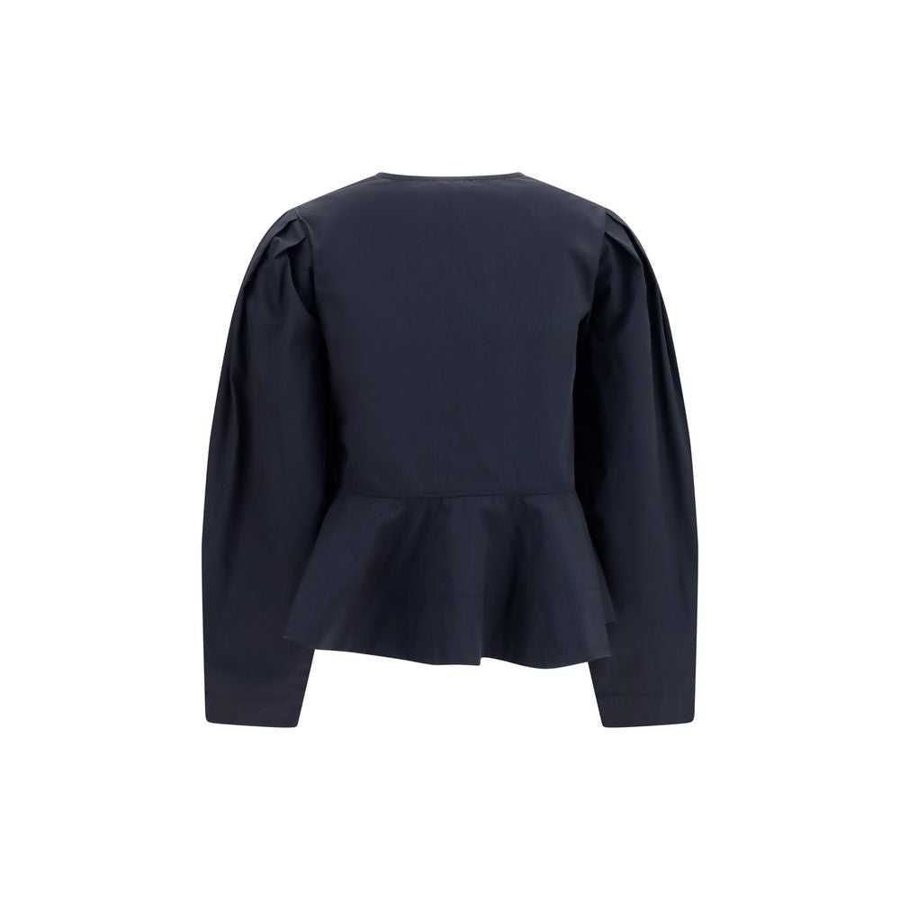 Blouse by Ganni for women in cotton black presents a discerning silhouette, showcasing a sophisticated round neckline and for a truly discerning finish.