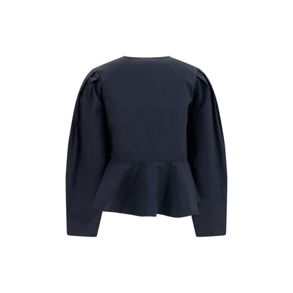 Blouse by Ganni for women in cotton black presents a discerning silhouette, showcasing a sophisticated round neckline and for a truly discerning finish.