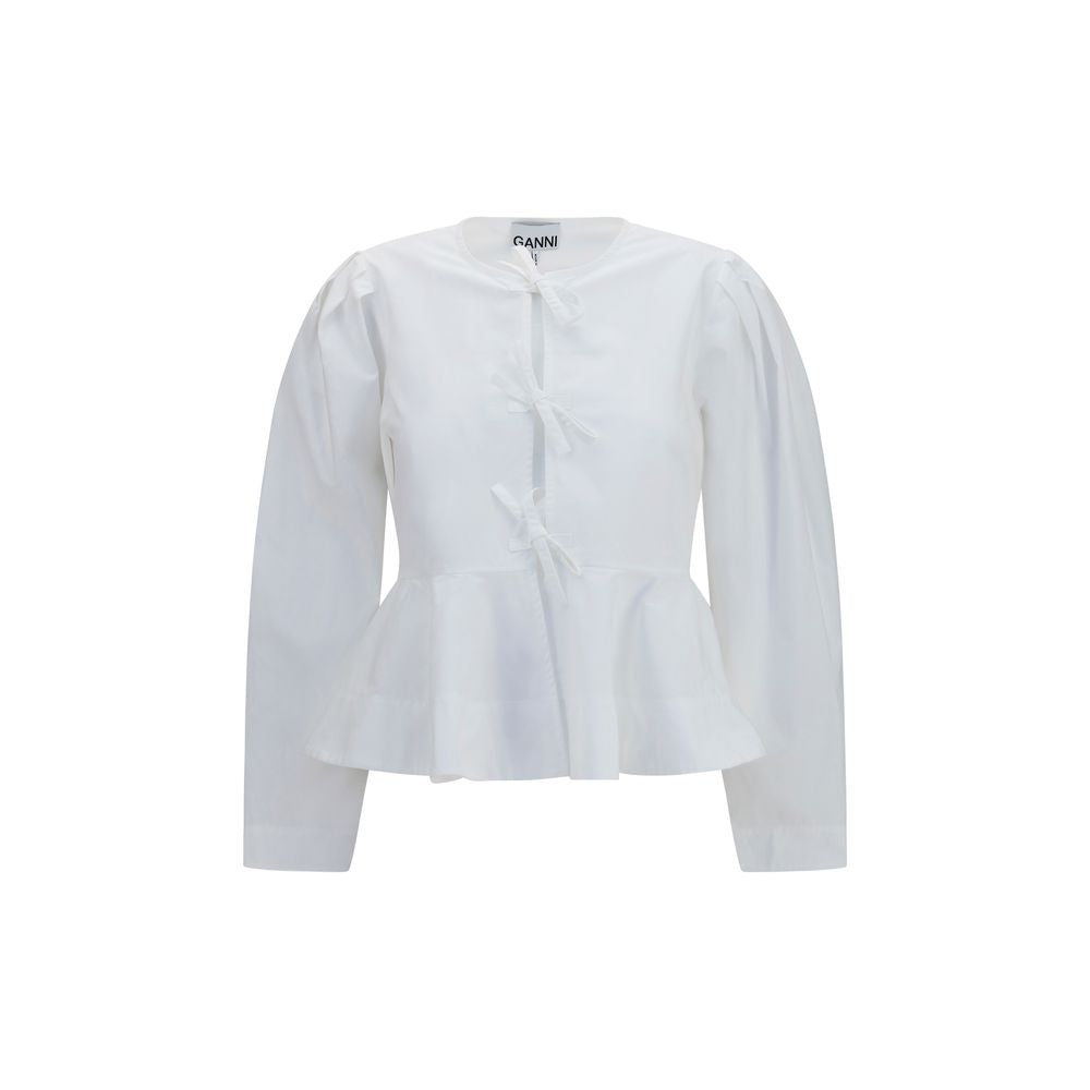 Blouse by Ganni for women in cotton white presents a discerning silhouette, showcasing a sophisticated round neckline and for a truly discerning finish.
