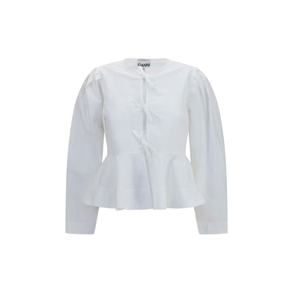 Blouse by Ganni for women in cotton white presents a discerning silhouette, showcasing a sophisticated round neckline and for a truly discerning finish.