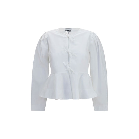 Blouse by Ganni for women in cotton white presents a discerning silhouette, showcasing a sophisticated round neckline and for a truly discerning finish.