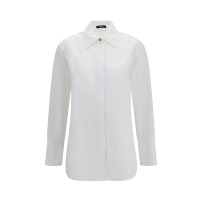 Dress Shirt by Balmain for women in cotton gold, white & signature showcases a sublime silhouette, artfully detailed with a sublime shirt-collar neckline and long-sleeve for a sophisticated, sublime finish.