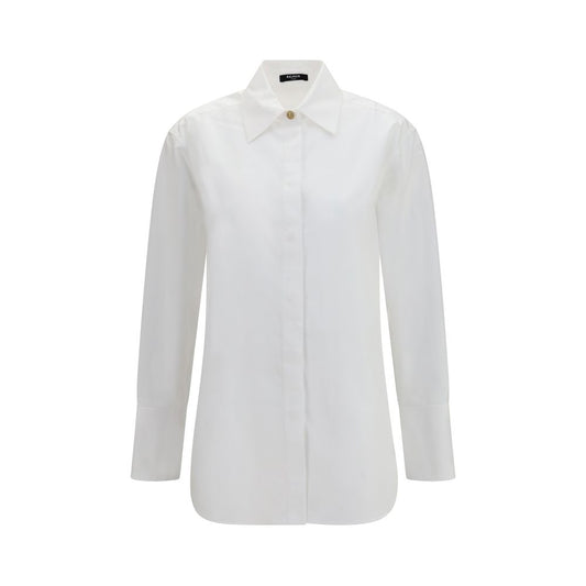 Dress Shirt by Balmain for women in cotton gold, white & signature showcases a sublime silhouette, artfully detailed with a sublime shirt-collar neckline and long-sleeve for a sophisticated, sublime finish.