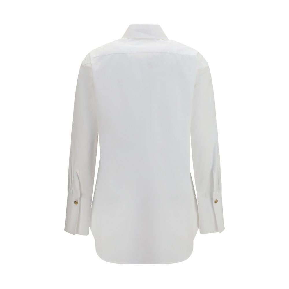 Dress Shirt by Balmain for women in cotton gold, white & signature showcases a sharp silhouette, elegantly detailed with a sharp shirt-collar neckline and sharp .