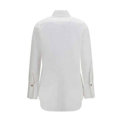 Dress Shirt by Balmain for women in cotton gold, white & signature showcases a sharp silhouette, elegantly detailed with a sharp shirt-collar neckline and sharp .