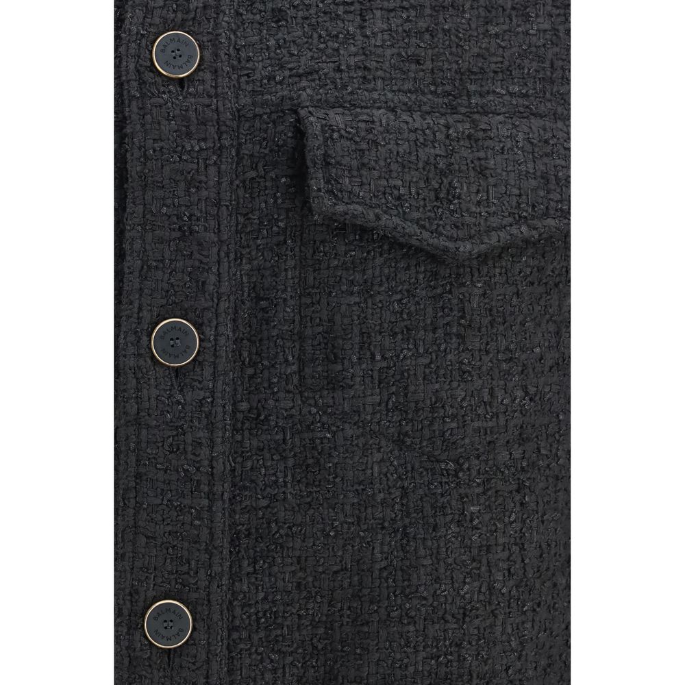 Windbreaker Jacket by Balmain for men in polyamide cotton tweed black showcases a modern silhouette, integrating pockets & windproof and a modern for a sophisticated finish.