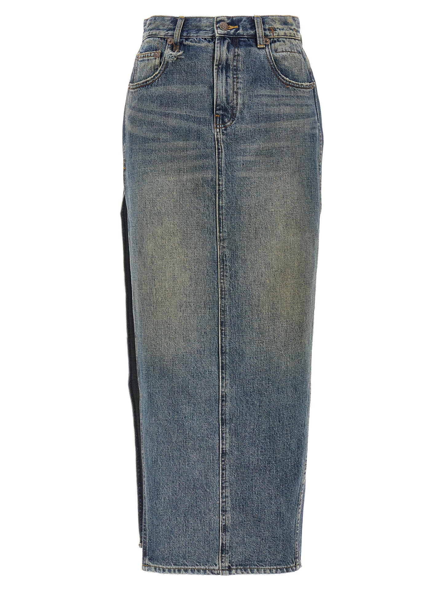 Skirt by R13 for women in cotton denim blue features an relaxed-yet-refined silhouette that elegantly showcases the Devon Women's Denim Cotton Skirt design and sophisticated mini.