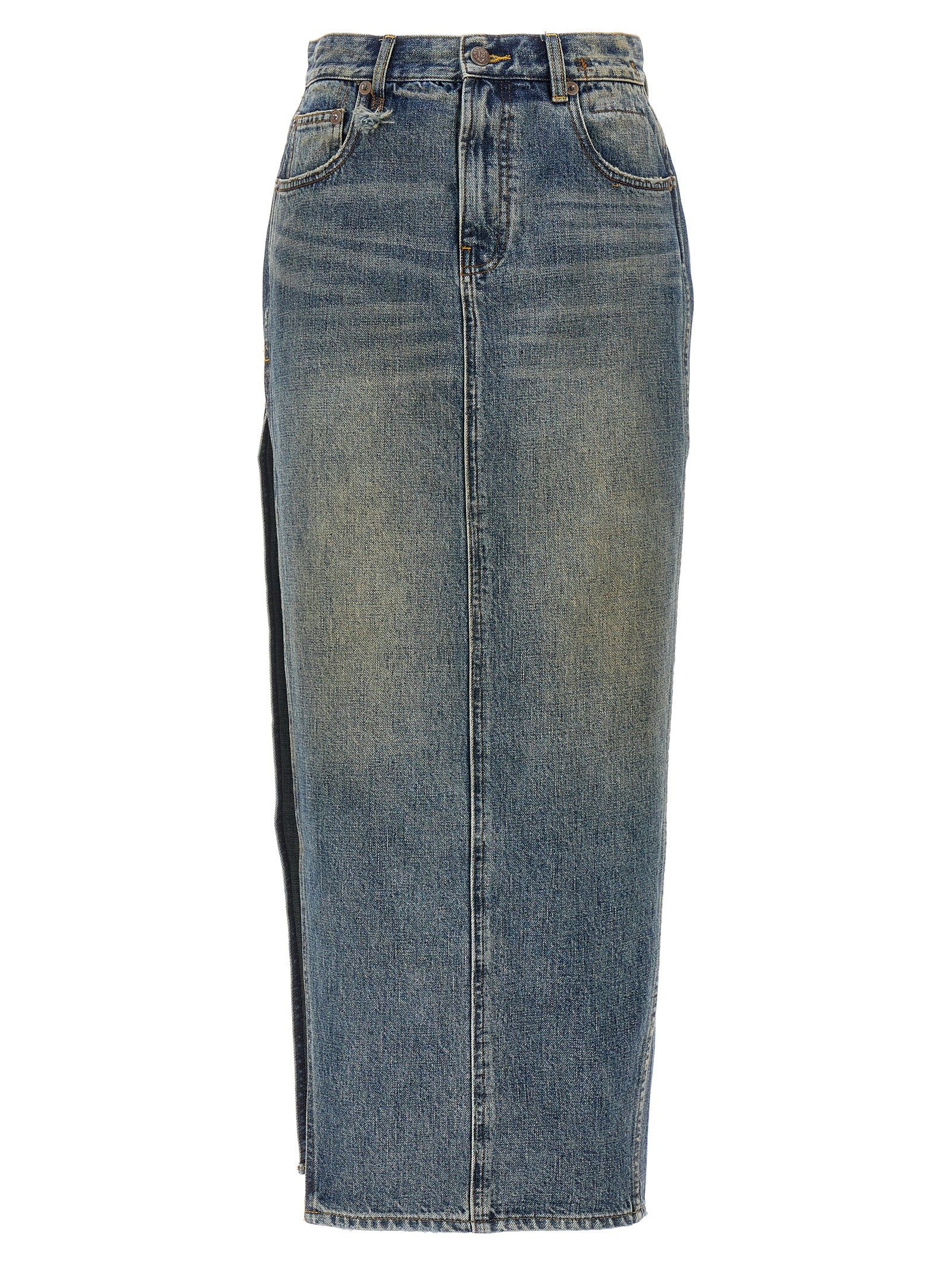 Skirt by R13 for women in cotton denim blue features an relaxed-yet-refined silhouette that elegantly showcases the Devon Women's Denim Cotton Skirt design and sophisticated mini.