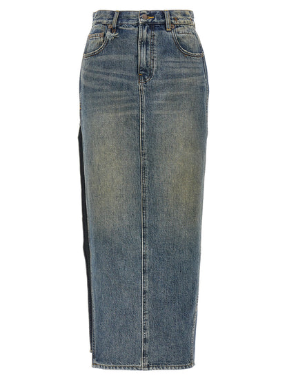 Skirt by R13 for women in cotton denim blue features an relaxed-yet-refined silhouette that elegantly showcases the Devon Women's Denim Cotton Skirt design and sophisticated mini.