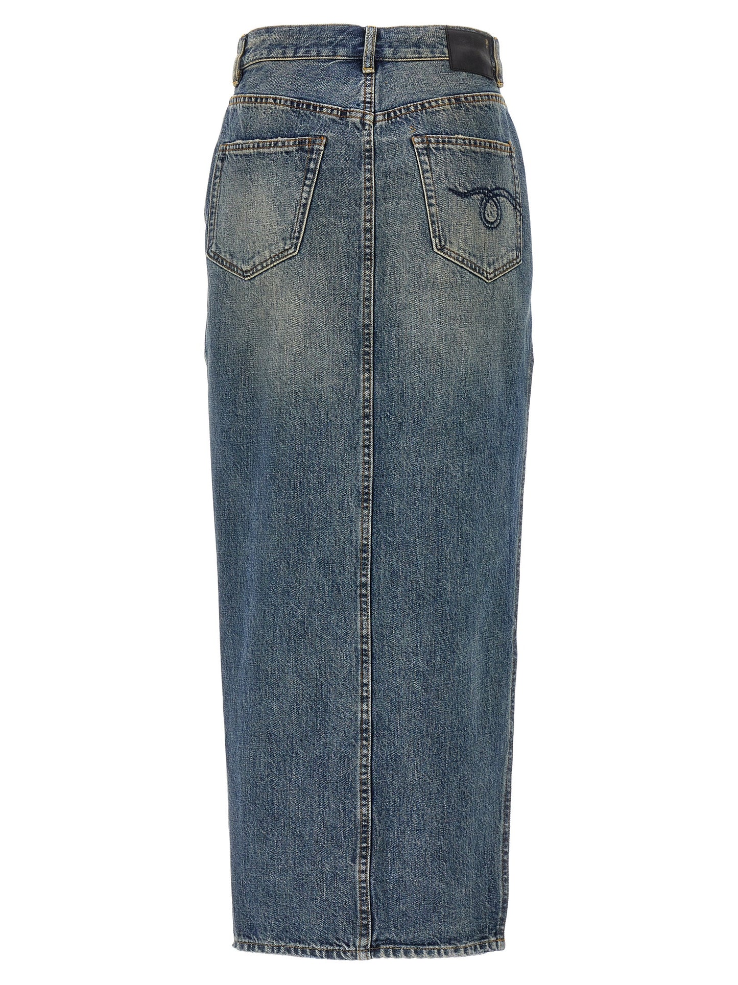 Skirt by R13 for women in cotton denim blue features a sublime silhouette, showcasing the sublime design of the Devon Women's Denim Cotton Skirt in a sophisticated mini.