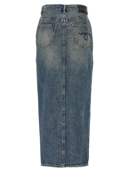 Skirt by R13 for women in cotton denim blue features a sublime silhouette, showcasing the sublime design of the Devon Women's Denim Cotton Skirt in a sophisticated mini.
