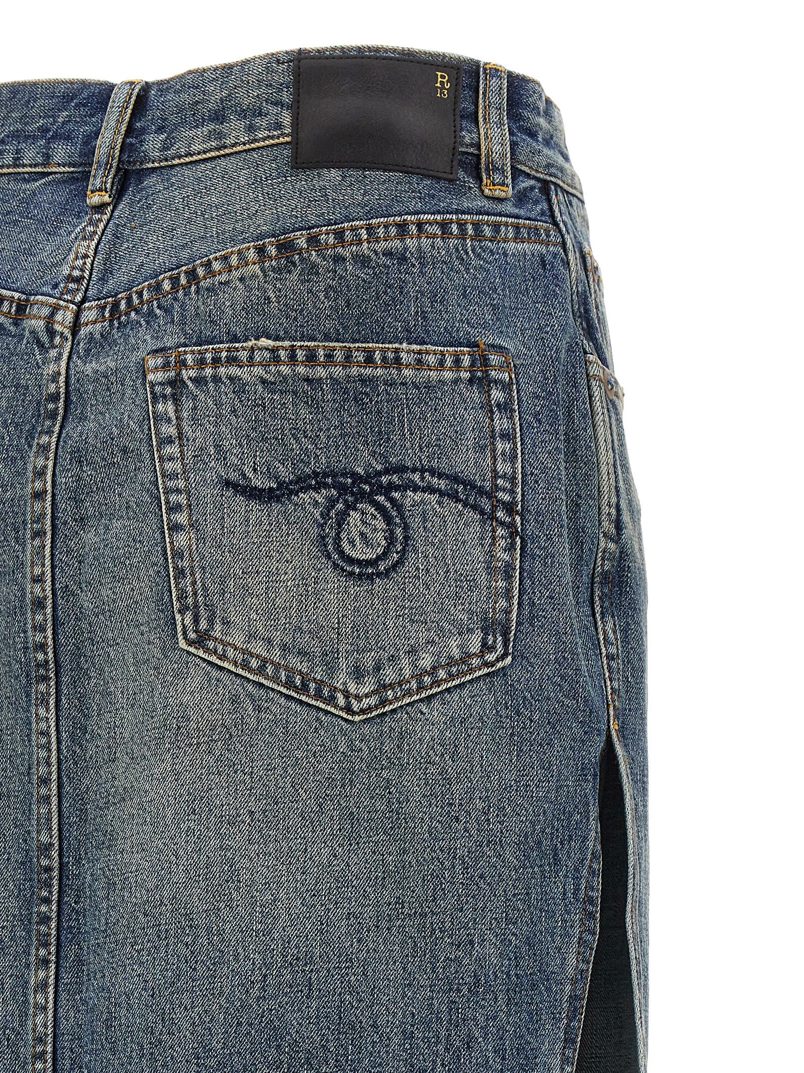 Skirt by R13 for women in cotton denim blue features an tailored silhouette, artfully capturing the essence of Devon Women's Denim Cotton Skirt in a sophisticated mini.