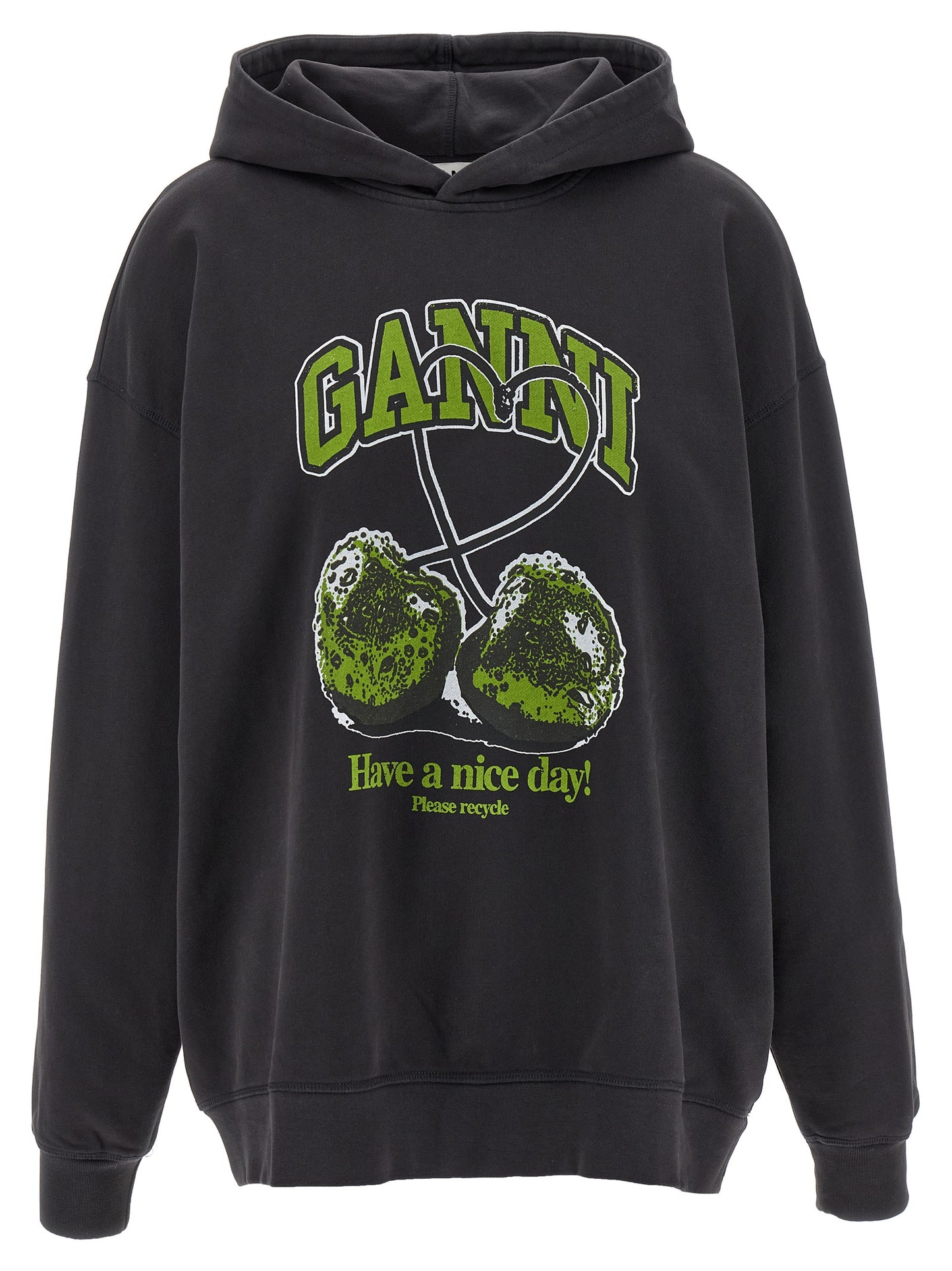 Sweatshirt Hoodie by Ganni for women in plush organic cotton cherry, gray & print features an dramatic silhouette, showcasing a sophisticated hooded neckline and dramatic for a refined, modern aesthetic.