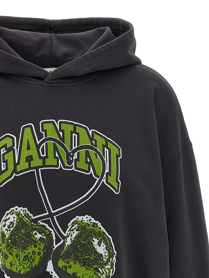 Sweatshirt Hoodie by Ganni for women in plush organic cotton cherry, gray & print features a slouchy chic silhouette, detailed with a slouchy chic and a signature hooded neckline for an elevated aesthetic.