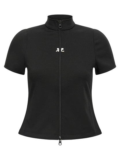 Activewear T-Shirt by Courrèges for women in polyester black features an contemporary design with seamless, a short-sleeve length, and a contemporary high-neck neckline.
