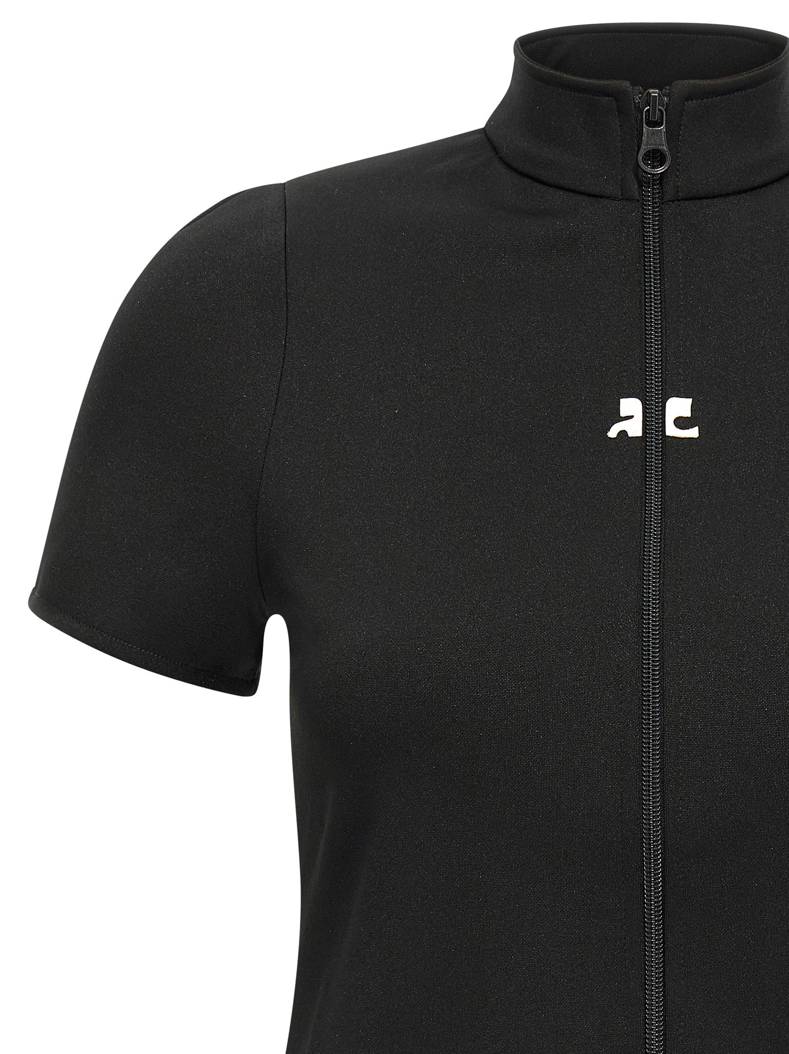 Activewear T-Shirt by Courrèges for women in polyester black presents a kinetic silhouette, showcasing the kinetic and high-neck neckline alongside functional seamless for a premium, athletic look.