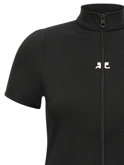 Activewear T-Shirt by Courrèges for women in polyester black presents a kinetic silhouette, showcasing the kinetic and high-neck neckline alongside functional seamless for a premium, athletic look.