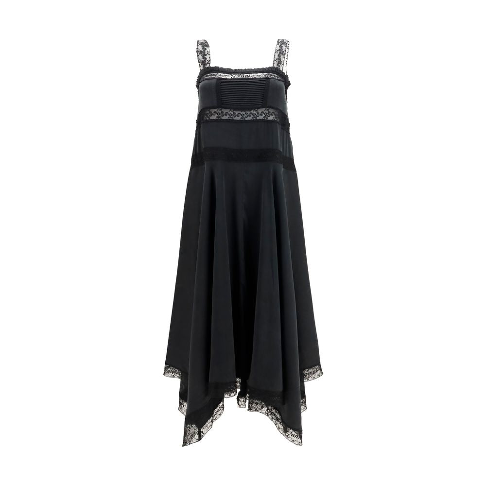 Dress by Ganni for women in viscose silk black showcases a striking silhouette, elegantly detailed with a sleeveless, refined square neckline, and a striking maxi long for a striking finish.