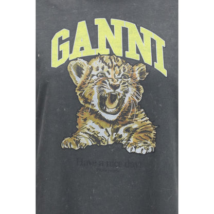Activewear T-Shirt by Ganni for women in cotton gray & print features an athletic silhouette with sleeves and a round neckline neckline, enhanced by high-performance .
