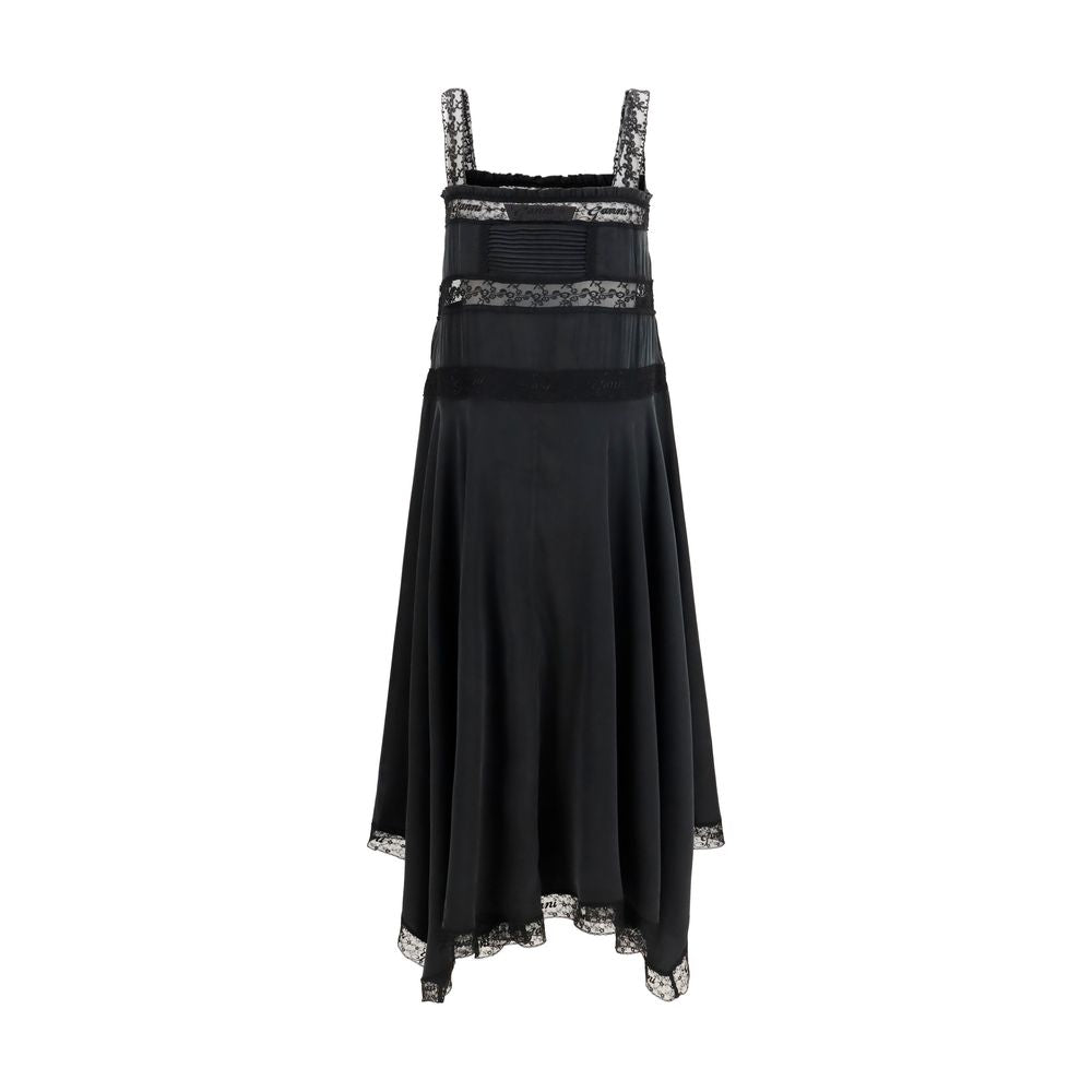 Dress by Ganni for women in viscose silk black presents a sinuous silhouette, showcasing a sophisticated square neckline and detailed with a sinuous maxi long for a refined finish.