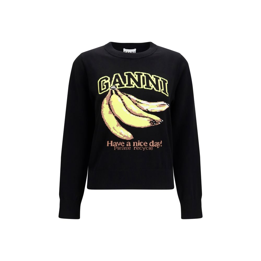 Sweatshirt by Ganni for women in cotton black & print presents a smart casual silhouette, featuring a smart casual round neckline and long-sleeve for a sophisticated look.