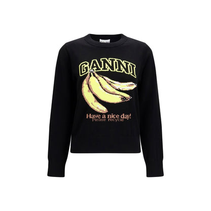Sweatshirt by Ganni for women in cotton black & print presents a smart casual silhouette, featuring a smart casual round neckline and long-sleeve for a sophisticated look.