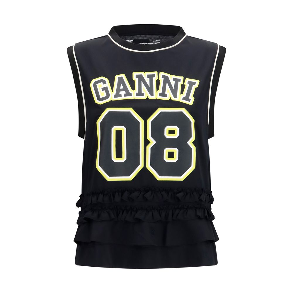 Activewear T-Shirt by Ganni for women in polyester black features a sporty silhouette with sleeveless and crew neckline, showcasing innovative for a sporty finish.