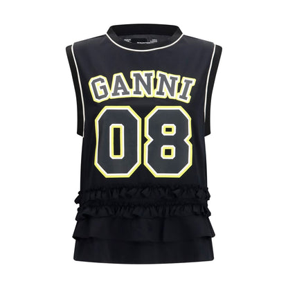 Activewear T-Shirt by Ganni for women in polyester black features a sporty silhouette with sleeveless and crew neckline, showcasing innovative for a sporty finish.