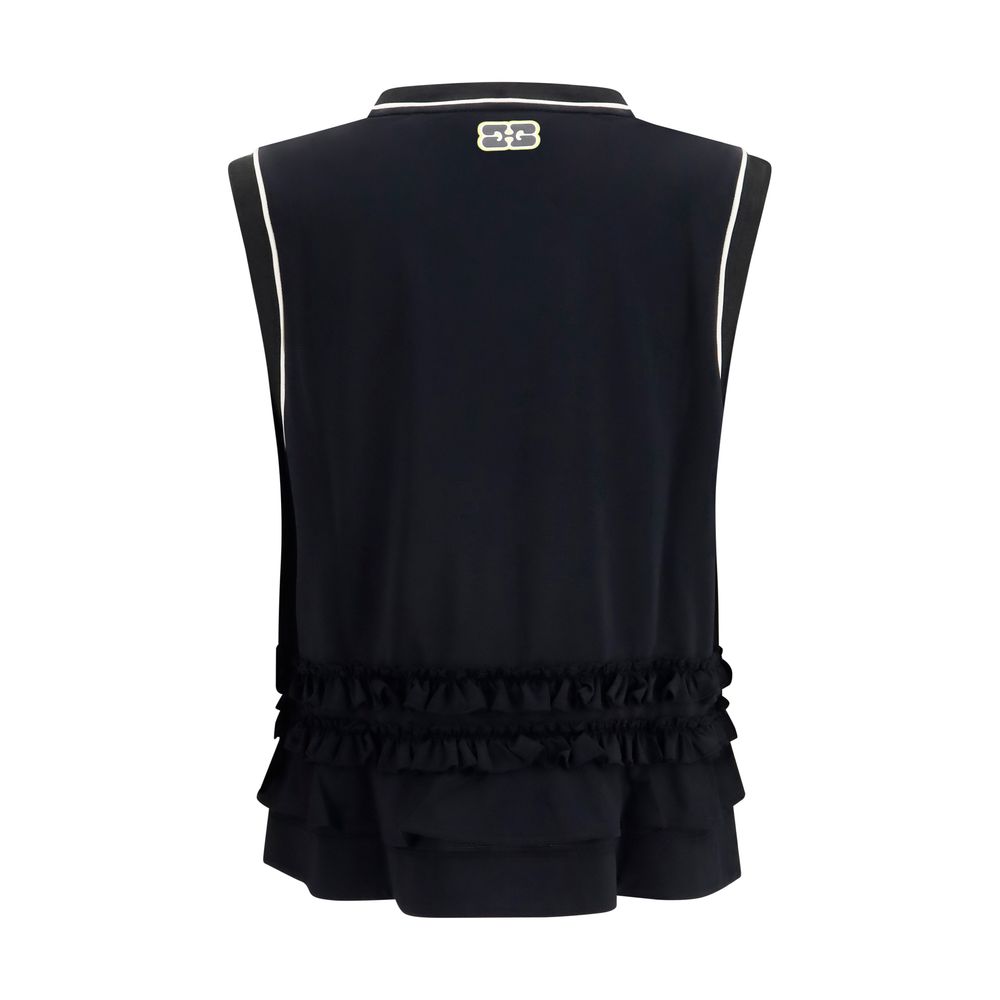 Activewear T-Shirt by Ganni for women in polyester black features an athletic silhouette with sleeves and a crew neckline neckline, enhanced by high-performance .