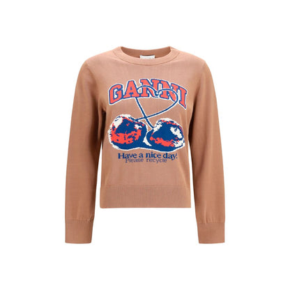 Sweatshirt by Ganni for women in cotton beige, cherry & print showcases a slouchy chic silhouette, artfully detailed with a slouchy chic crew neckline and long-sleeve for a slouchy chic finish.