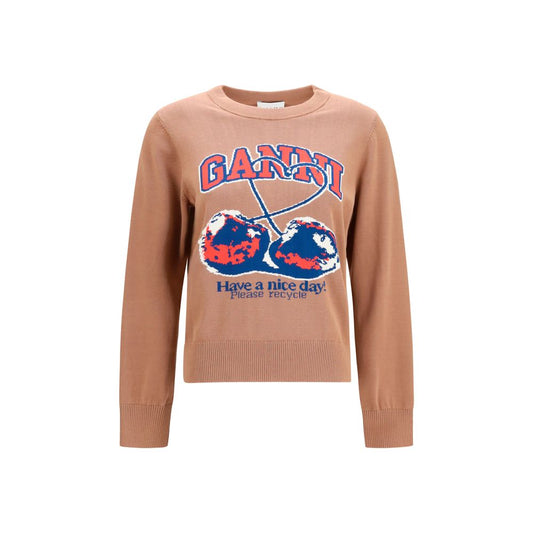 Sweatshirt by Ganni for women in cotton beige, cherry & print showcases a slouchy chic silhouette, artfully detailed with a slouchy chic crew neckline and long-sleeve for a slouchy chic finish.