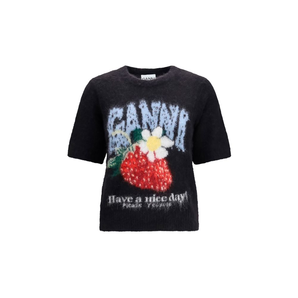 T-Shirt by Ganni for women in polyamide merino & alpaca wool black & signature showcases a dramatic silhouette, elegantly detailed with a dramatic round neckline and short-sleeve for a truly dramatic finish.