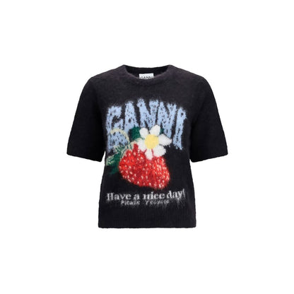 T-Shirt by Ganni for women in polyamide merino & alpaca wool black & signature showcases a dramatic silhouette, elegantly detailed with a dramatic round neckline and short-sleeve for a truly dramatic finish.