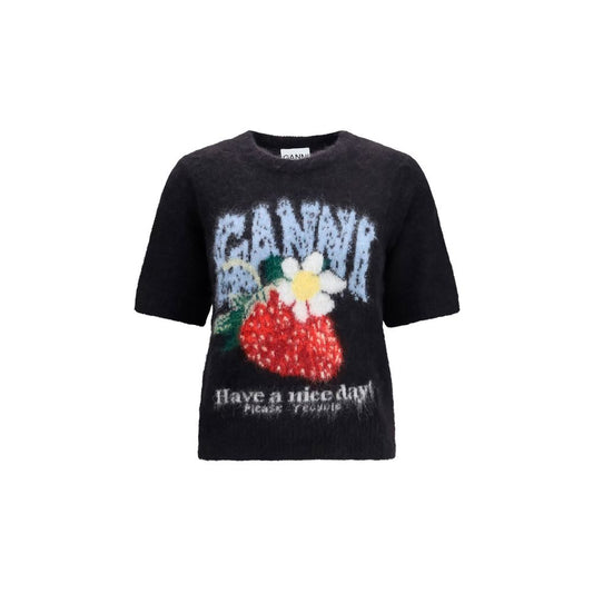 T-Shirt by Ganni for women in polyamide merino & alpaca wool black & signature showcases a dramatic silhouette, elegantly detailed with a dramatic round neckline and short-sleeve for a truly dramatic finish.