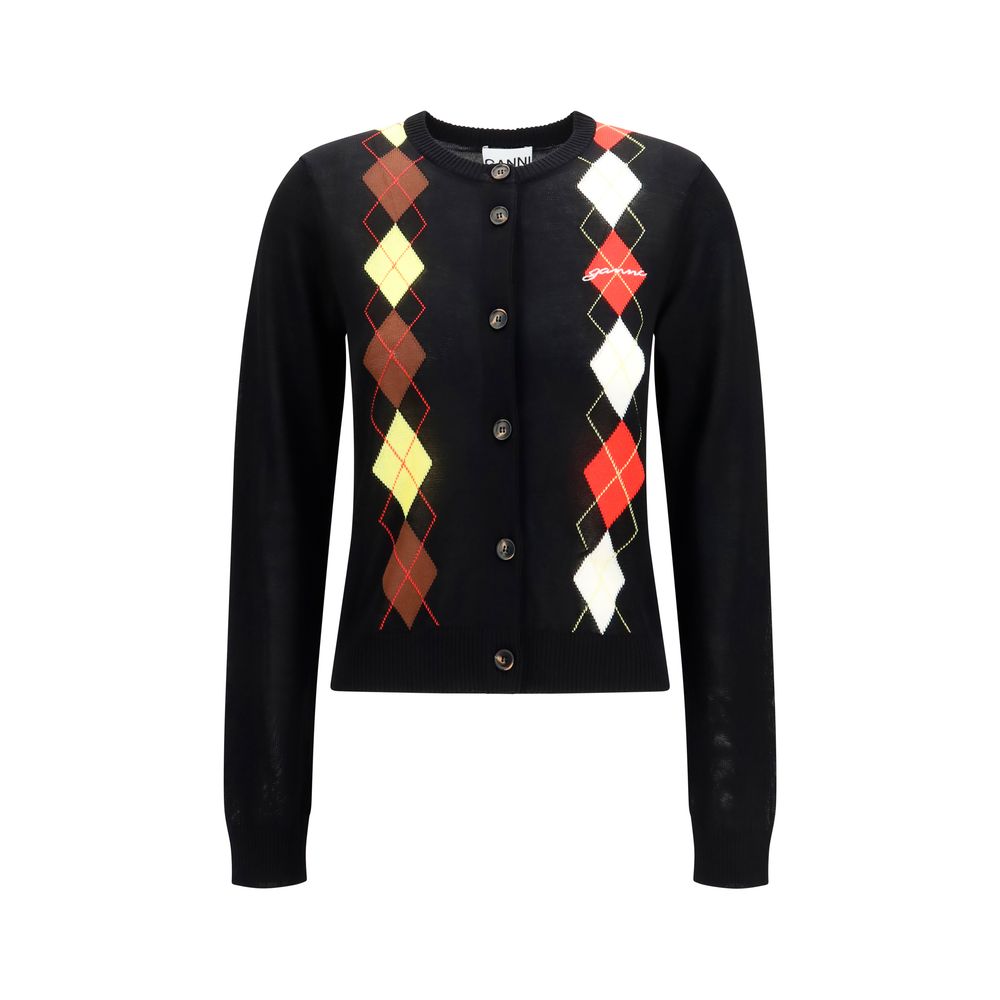 Cardigan by Ganni for women in cotton black & patterned features an impeccable silhouette, showcasing a sophisticated round neckline and long-sleeve detail for a truly impeccable finish.