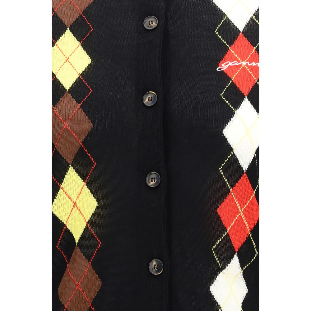 Cardigan by Ganni for women in cotton black & patterned showcases a luxurious silhouette, meticulously detailed with a sophisticated and for a refined finish.