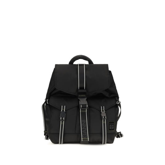 Backpack by Ganni for women in polyamide polyethylene polyurethane & tu black features a fashionable silhouette, showcasing the Re Tech Polyamide Polyethylene Polyurethane & TU Backpack design with a secure buckle, ample external-pockets, and versatile handle, backpack-strap & adjustable-strap.