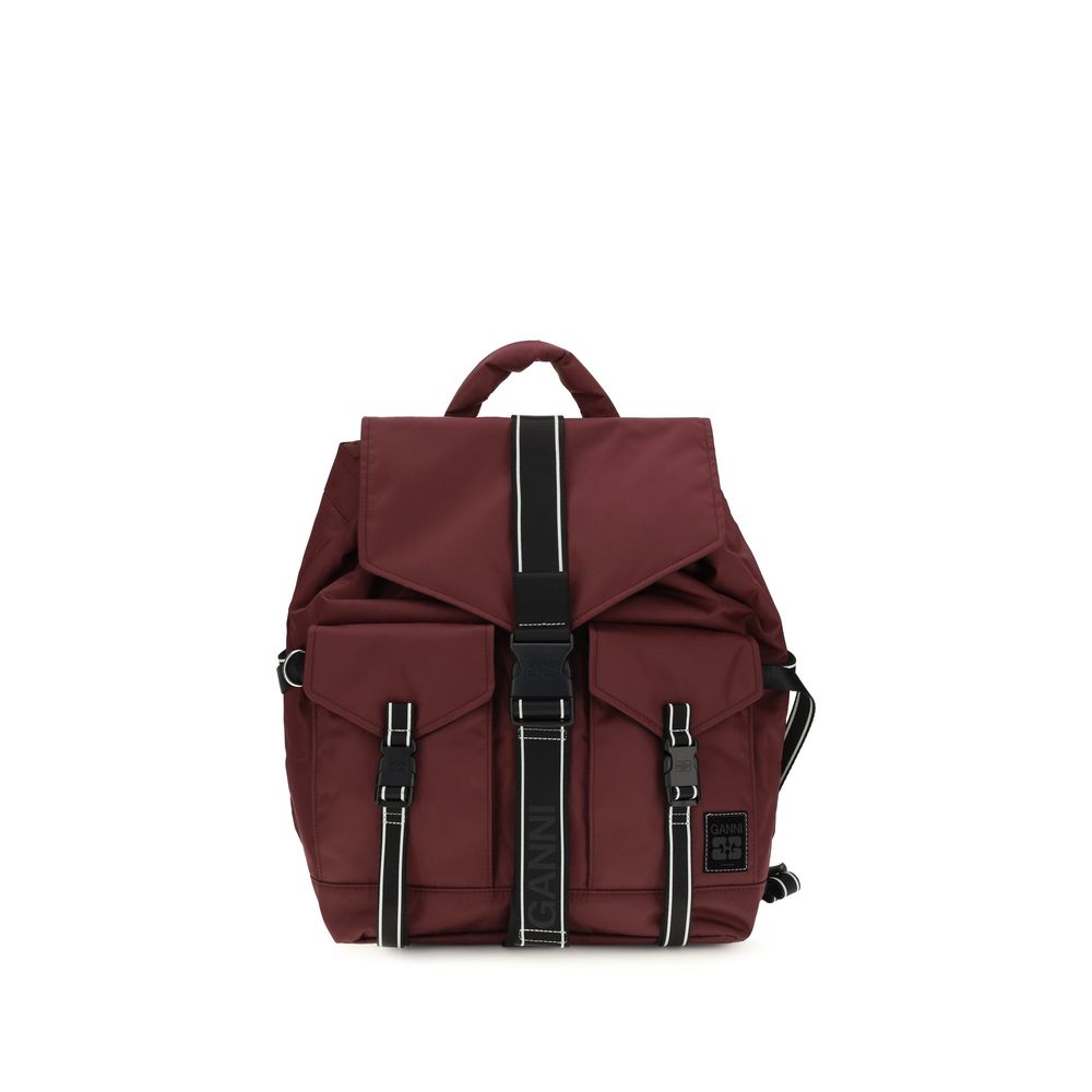 Backpack by Ganni for women in polyamide polyethylene polyurethane & tu bordeaux & signature features a utilitarian chic Re Tech Polyamide Polyethylene Polyurethane & TU Backpack design with a secure buckle, ample external-pockets, and versatile handle, backpack-strap & adjustable-strap for a utilitarian chic finish.