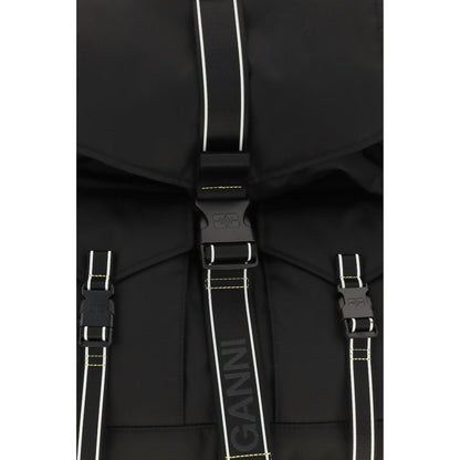 Backpack by Ganni for women in polyamide polyethylene polyurethane & tu black presents a versatile Re Tech Polyamide Polyethylene Polyurethane & TU Backpack design, showcasing a secure buckle with ample external-pockets and versatile handle, backpack-strap & adjustable-strap for a versatile finish.