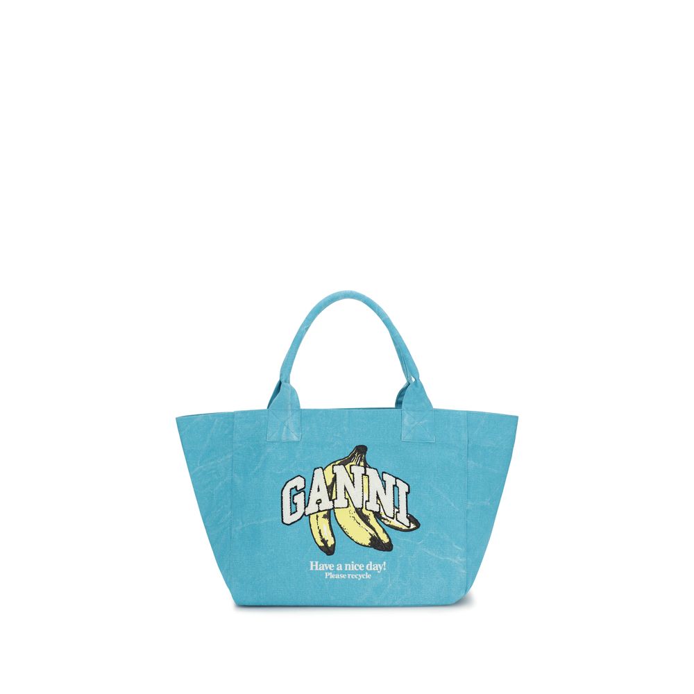 Medium Tote Shoulder Bag by Ganni for women in cotton blue, signature & print features a effortless sophistication silhouette, secured by a zipper with ample single-compartment and versatile handle for a effortless sophistication finish.