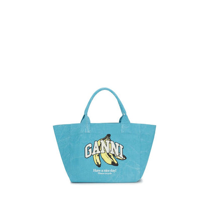 Medium Tote Shoulder Bag by Ganni for women in cotton blue, signature & print features a effortless sophistication silhouette, secured by a zipper with ample single-compartment and versatile handle for a effortless sophistication finish.
