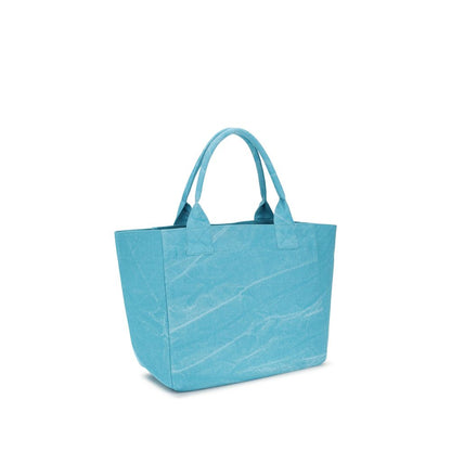 Medium Tote Shoulder Bag by Ganni for women in cotton blue, signature & print presents a versatile silhouette, showcasing a secure zipper and versatile single-compartment with versatile handle for a sophisticated look.