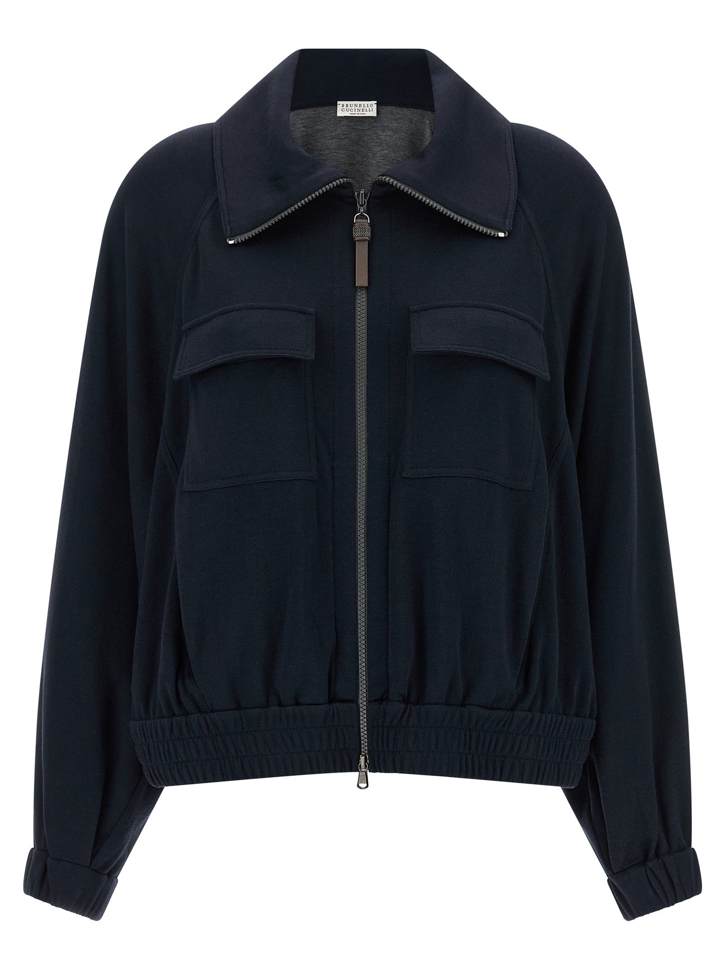 Bomber Jacket by Brunello Cucinelli for women in silk cotton & polyamide blue presents a effortlessly chic silhouette, showcasing a sophisticated high-neck neckline and premium pockets for a truly effortlessly chic finish.