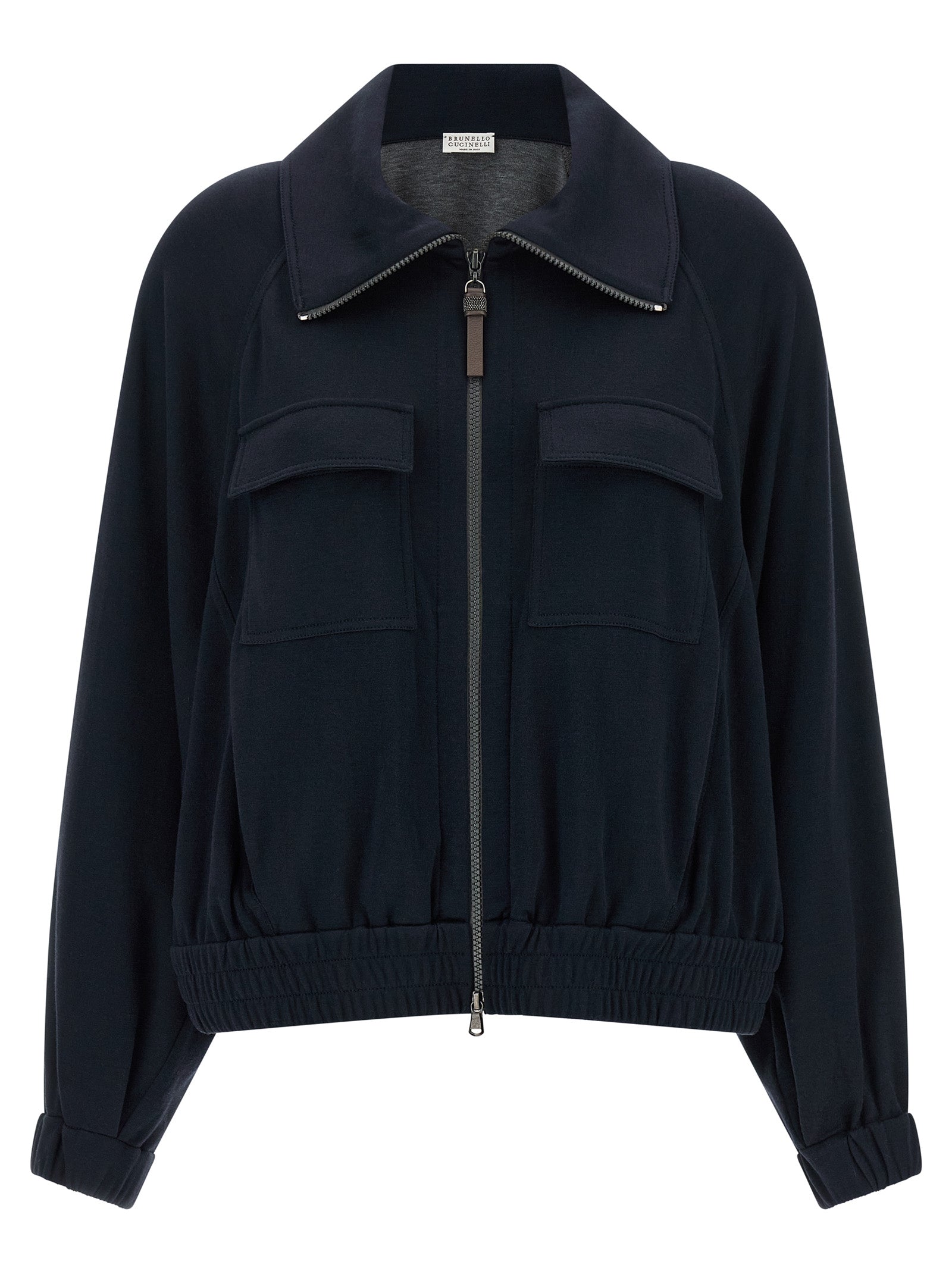 Bomber Jacket by Brunello Cucinelli for women in silk cotton & polyamide blue presents a effortlessly chic silhouette, showcasing a sophisticated high-neck neckline and premium pockets for a truly effortlessly chic finish.